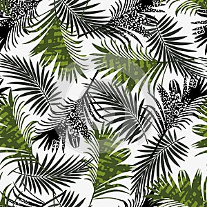 Trend summer seamless pattern with tropical green black plants on a white background.